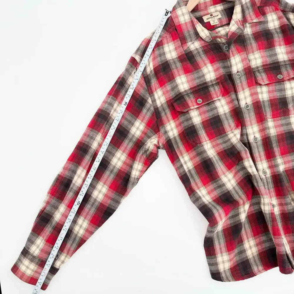 Woolrich Mens XL Flannel Shirt Red Black Plaid Heavy Cotton Elbow Patches FLAWED - Picture 11 of 15